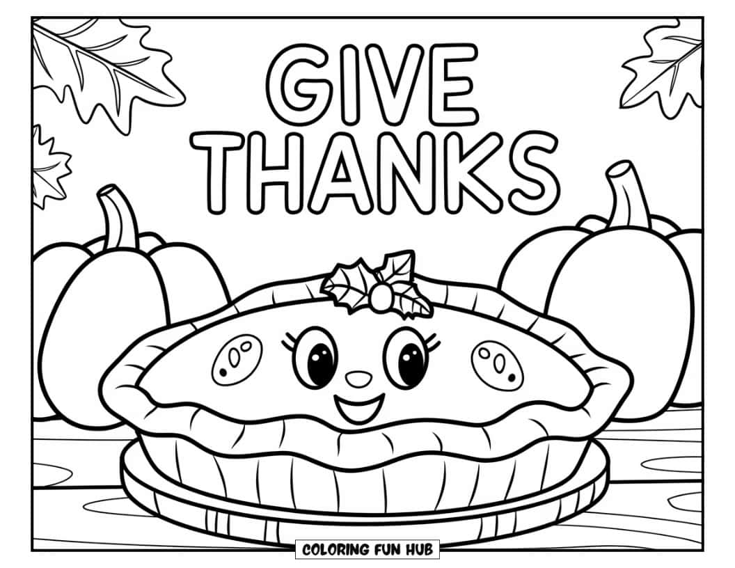 Thanksgiving Kleurplaat voor Kinderen: Een schattige en heerlijke taart met de tekst 'give thanks' erboven
