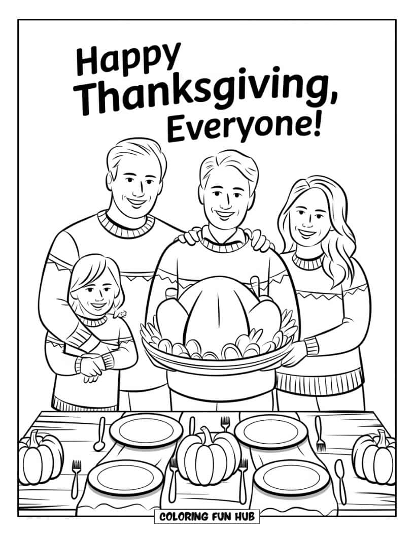 Thanksgiving Kleurplaat voor Kinderen: Een schattige familie in gezellige truien die zegt 'Happy Thanksgiving, iedereen!'