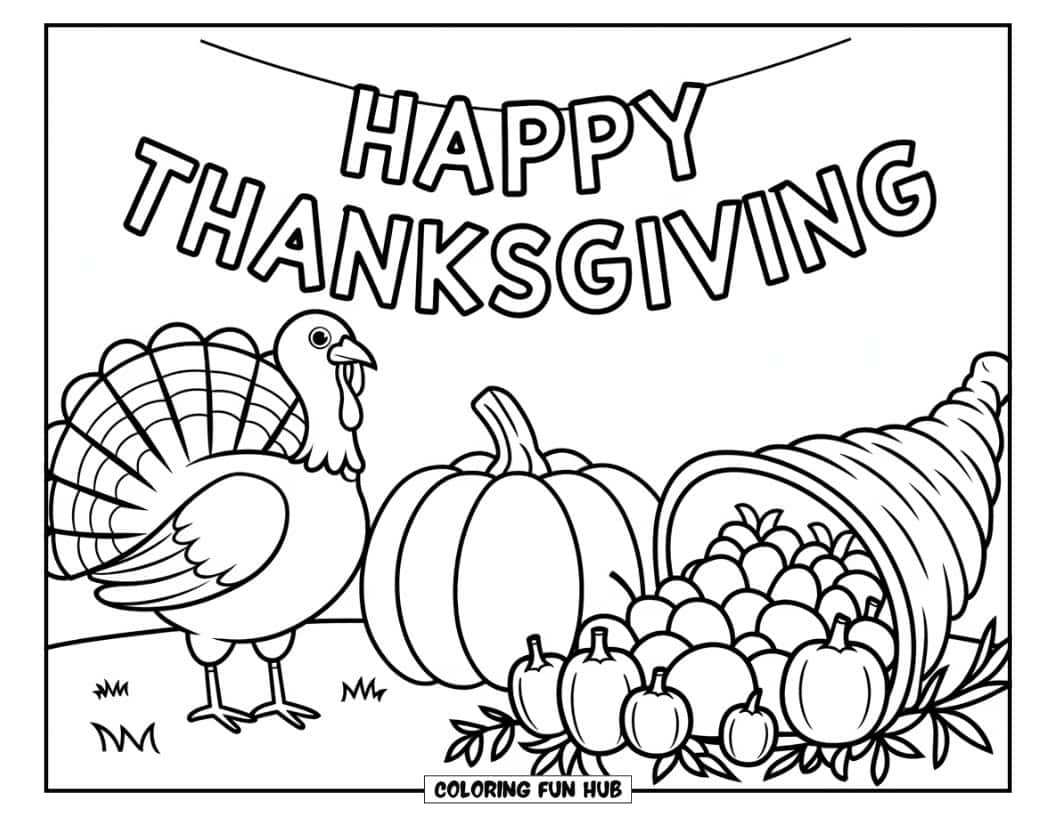 Thanksgiving Kleurplaat voor Kinderen: Een schattige 'Happy Thanksgiving'-banner