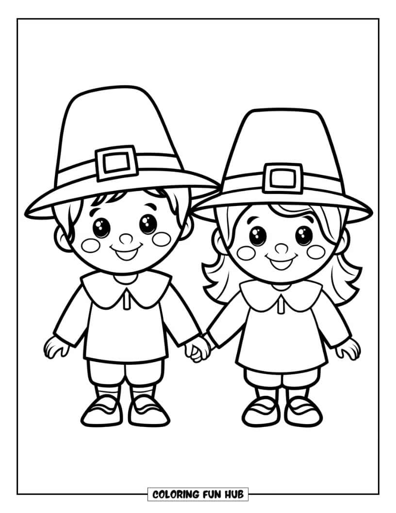 Thanksgiving Kleurplaat voor Kinderen: Een schattige kleine pilgrim jongen en meisje die elkaars hand vasthouden