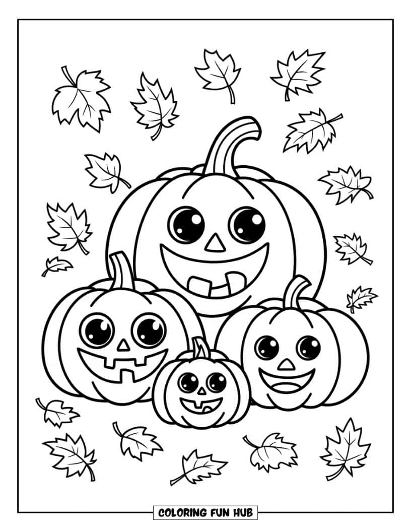 Thanksgiving Kleurplaat voor Kinderen: Een schattige, lachende pompoenfamilie
