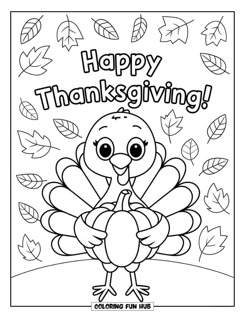 Thanksgiving Kleurplaat voor Kinderen: Een schattige kalkoen die een kleine pompoen vasthoudt met een 'Happy Thanksgiving!'-bord erboven
