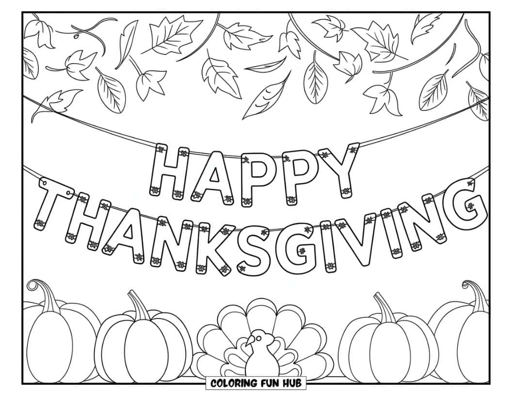Thanksgiving Kleurplaat voor Kinderen: Een decoratieve banner met de tekst 'Happy Thanksgiving'