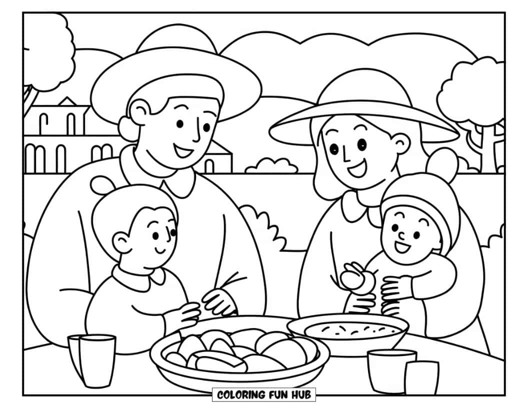 Thanksgiving Kleurplaat voor Kinderen: Een familie die geniet van een eenvoudige maaltijd buitenshuis
