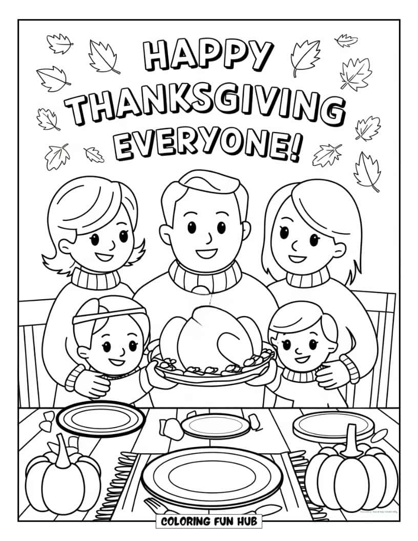 Thanksgiving Kleurplaat voor Kinderen: Een familie in gezellige truien die een kalkoen vasthoudt