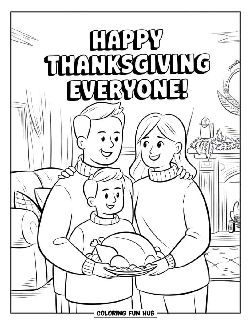 Thanksgiving Kleurplaat voor Kinderen: Een familie in gezellige truien die zegt: 'Happy Thanksgiving, iedereen!'