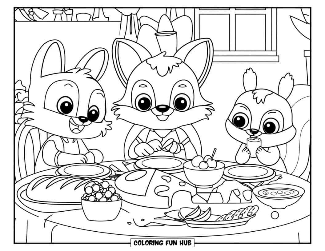 Thanksgiving Kleurplaat voor Kinderen: Een vos, een konijn en een eekhoorn die aan een feesttafel zitten