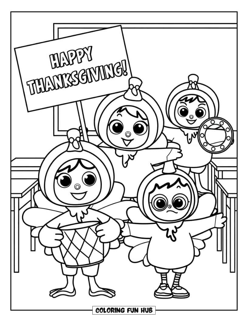 Thanksgiving Kleurplaat voor Kinderen: Een grappige scène met kinderen in kalkoenkostuums
