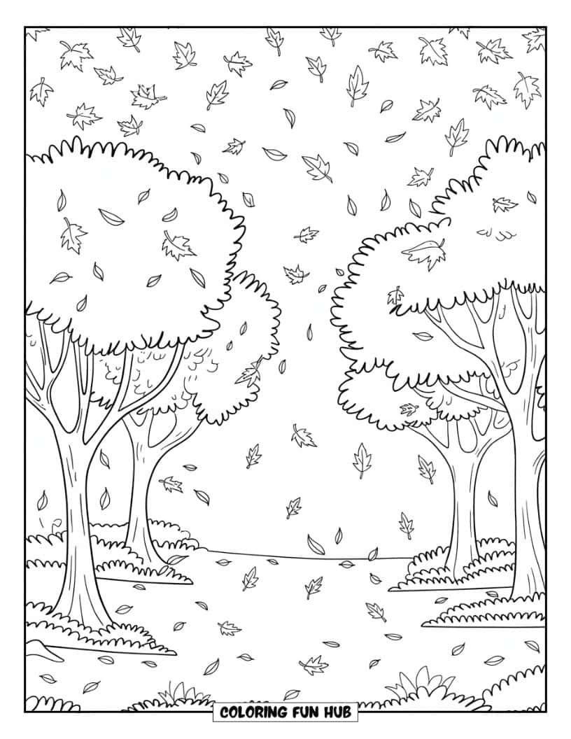 Thanksgiving Kleurplaat voor Kinderen: Een zachte regen van kleurrijke bladeren die uit de bomen vallen