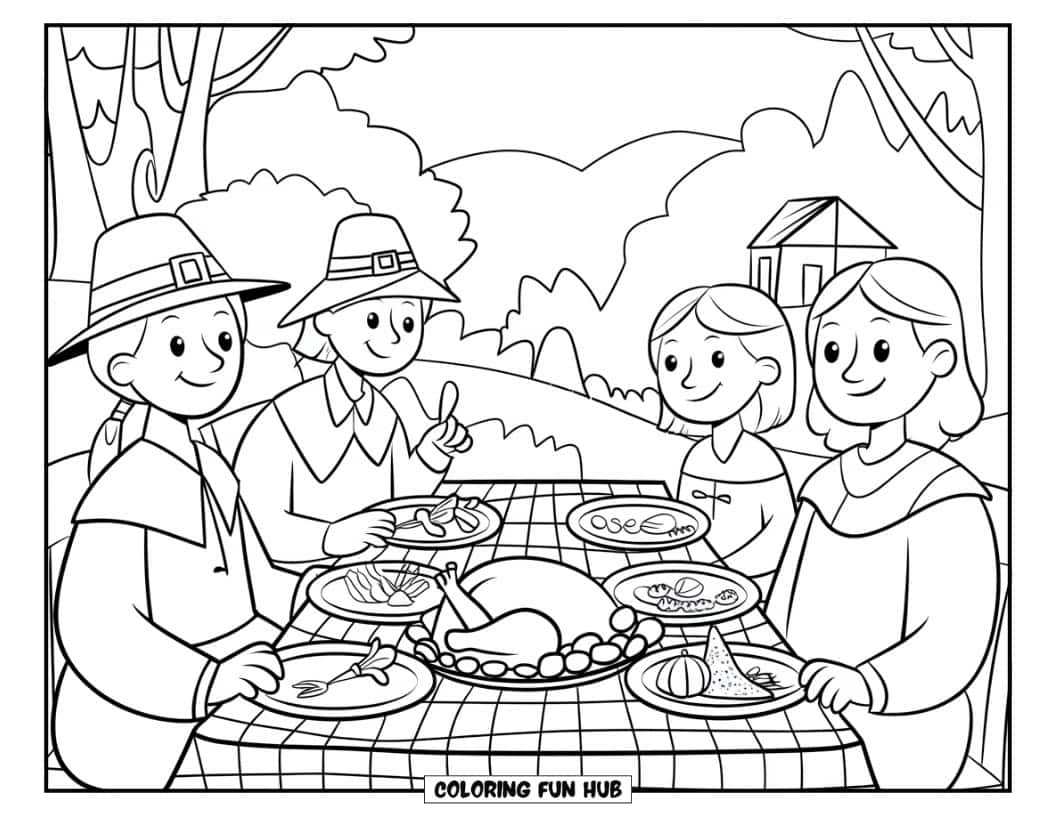 Thanksgiving Kleurplaat voor Kinderen: Een gelukkige pilgrim familie die geniet van een maaltijd buitenshuis