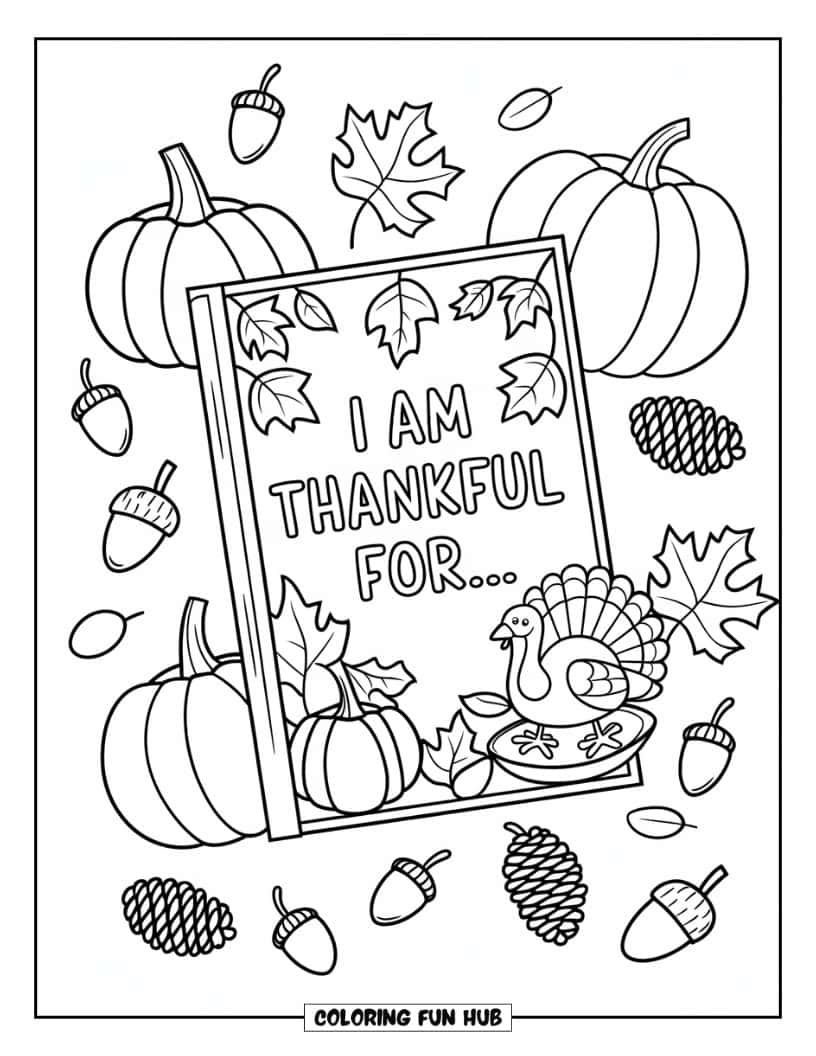 Thanksgiving Kleurplaat voor Kinderen: Een dagboek met de tekst 'Ik ben dankbaar voor…' in het midden