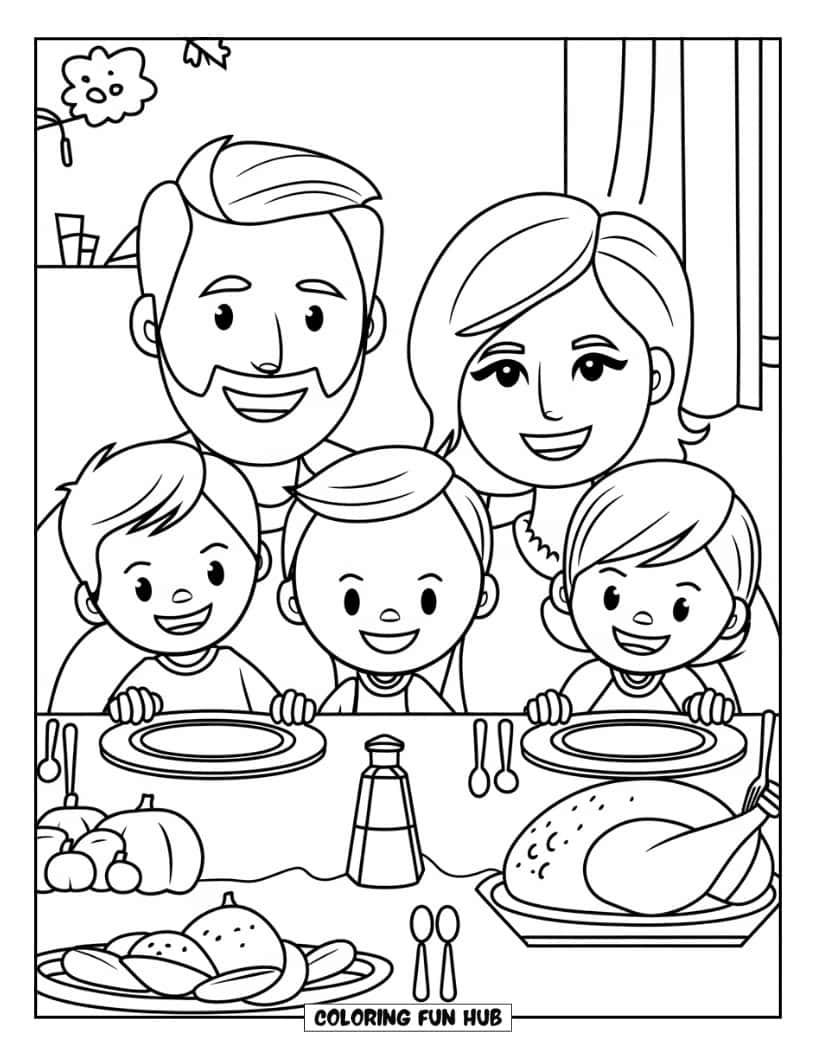 Thanksgiving Kleurplaat voor Kinderen: Een foto van een gelukkige familie tijdens het Thanksgiving-diner