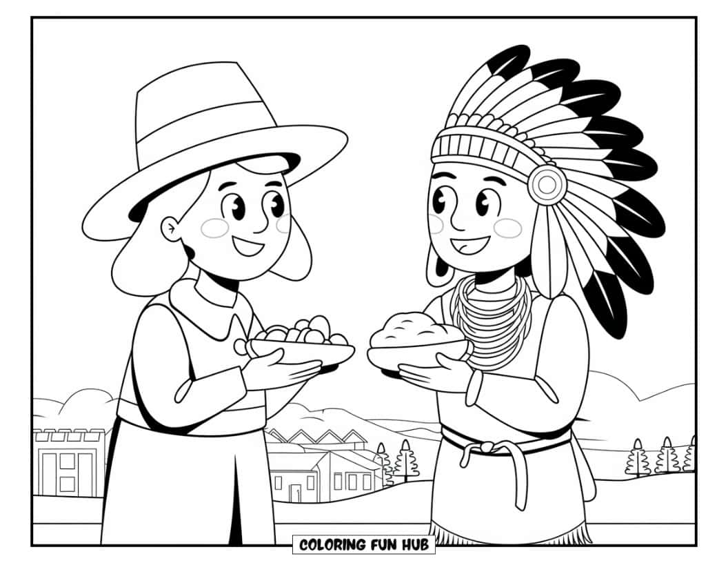 Thanksgiving Kleurplaat voor Kinderen: Een Pilgrim en een Native American die eten en glimlachen uitwisselen