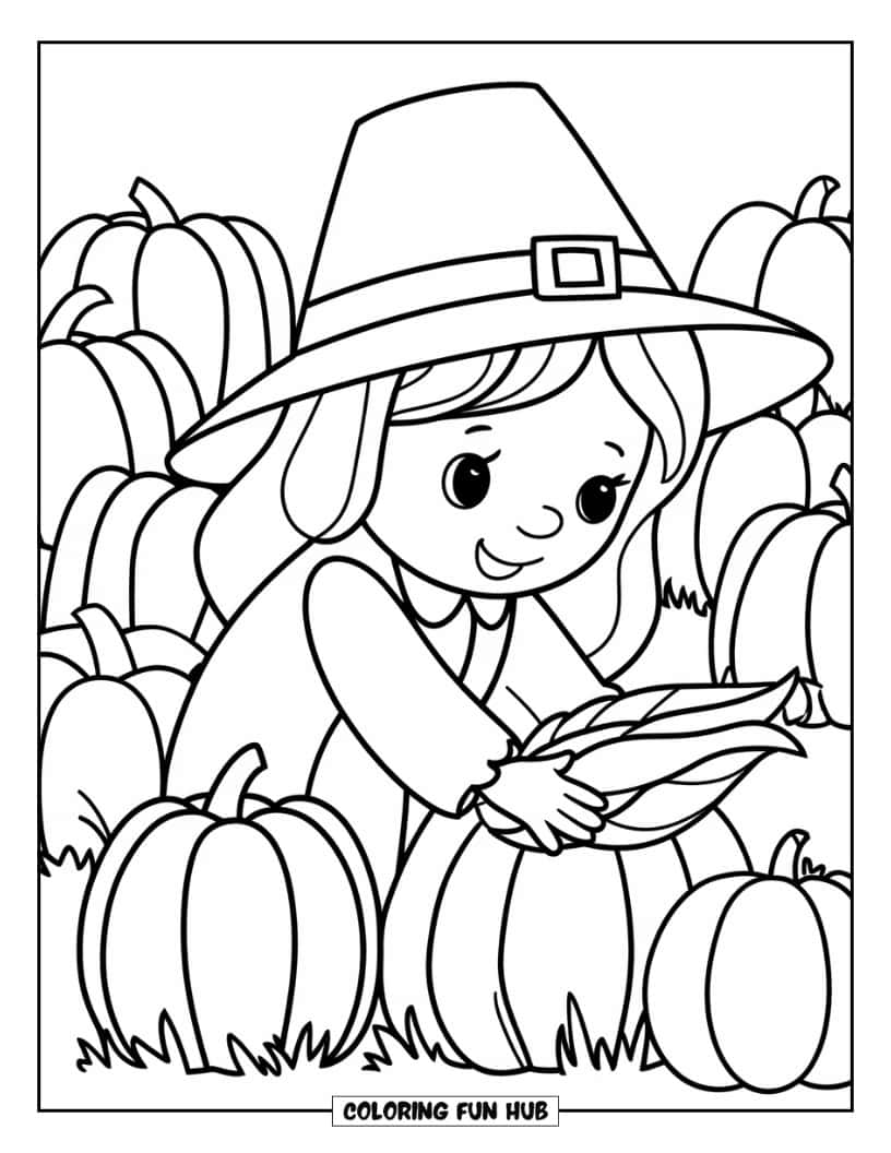 Thanksgiving Kleurplaat voor Kinderen: Een pilgrim meisje dat pompoenen en mais verzamelt