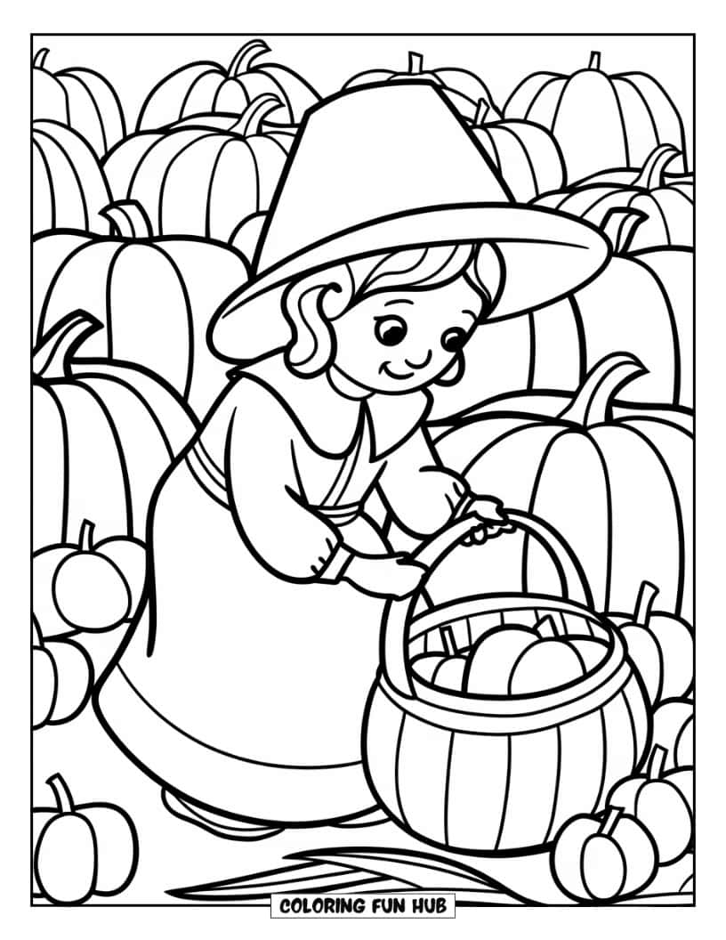 Thanksgiving Kleurplaat voor Kinderen: Een pilgrim meisje dat een mand vasthoudt en pompoenen verzamelt
