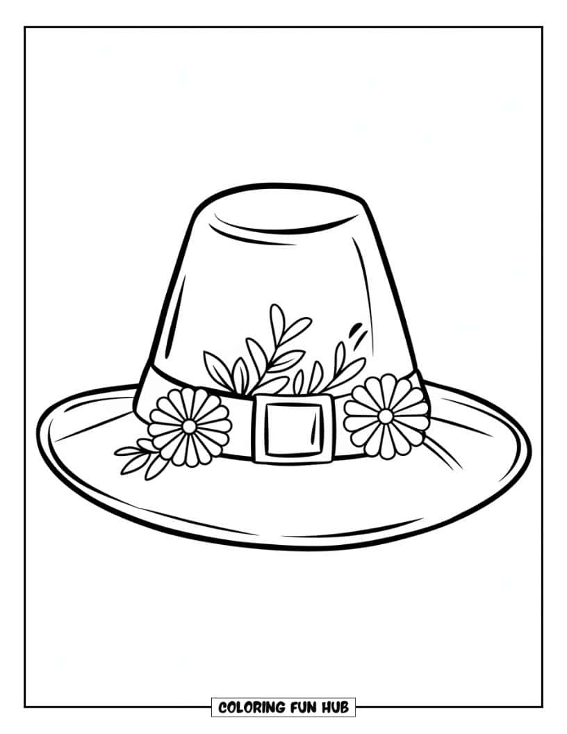 Thanksgiving Kleurplaat voor Kinderen: Een Pilgrim-hoed versierd met een paar eenvoudige bloemen en bladeren