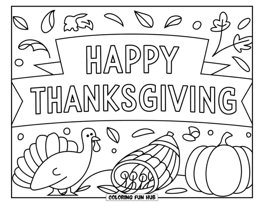 Thanksgiving Kleurplaat voor Kinderen: Een speelse tekst op een banner of bord met 'Happy Thanksgiving'