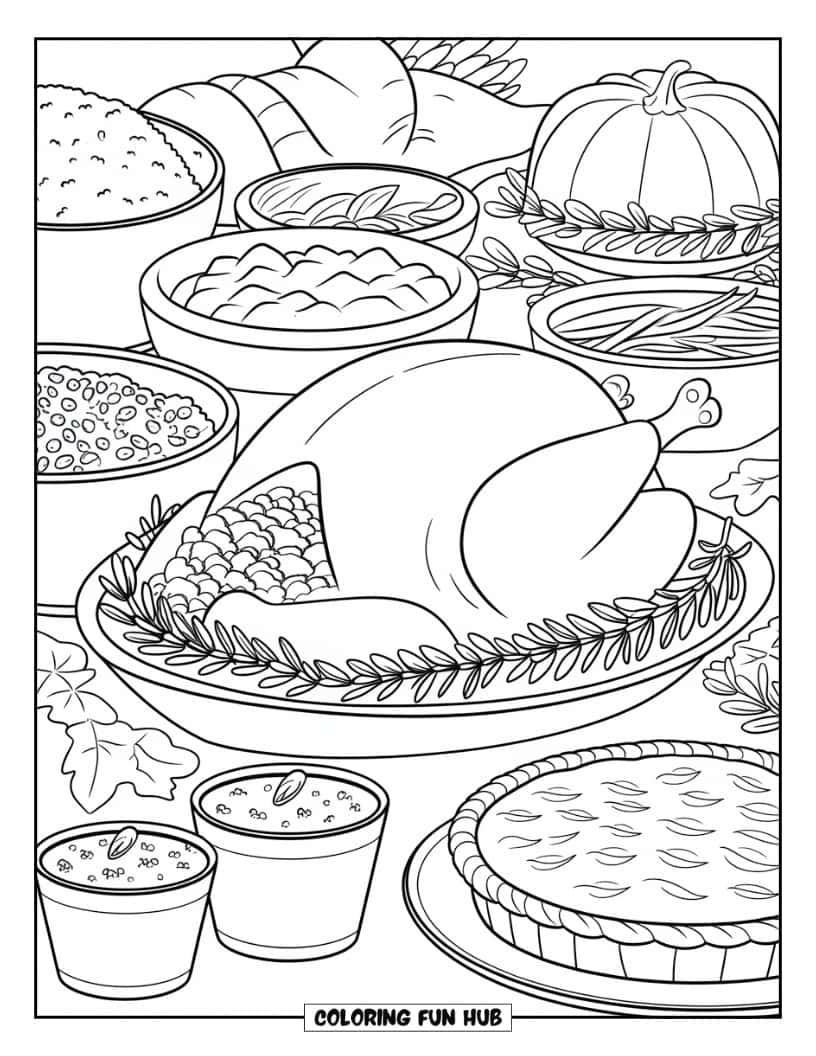 Thanksgiving Kleurplaat voor Kinderen: Een gebraden kalkoen met meerdere gerechten in de spread