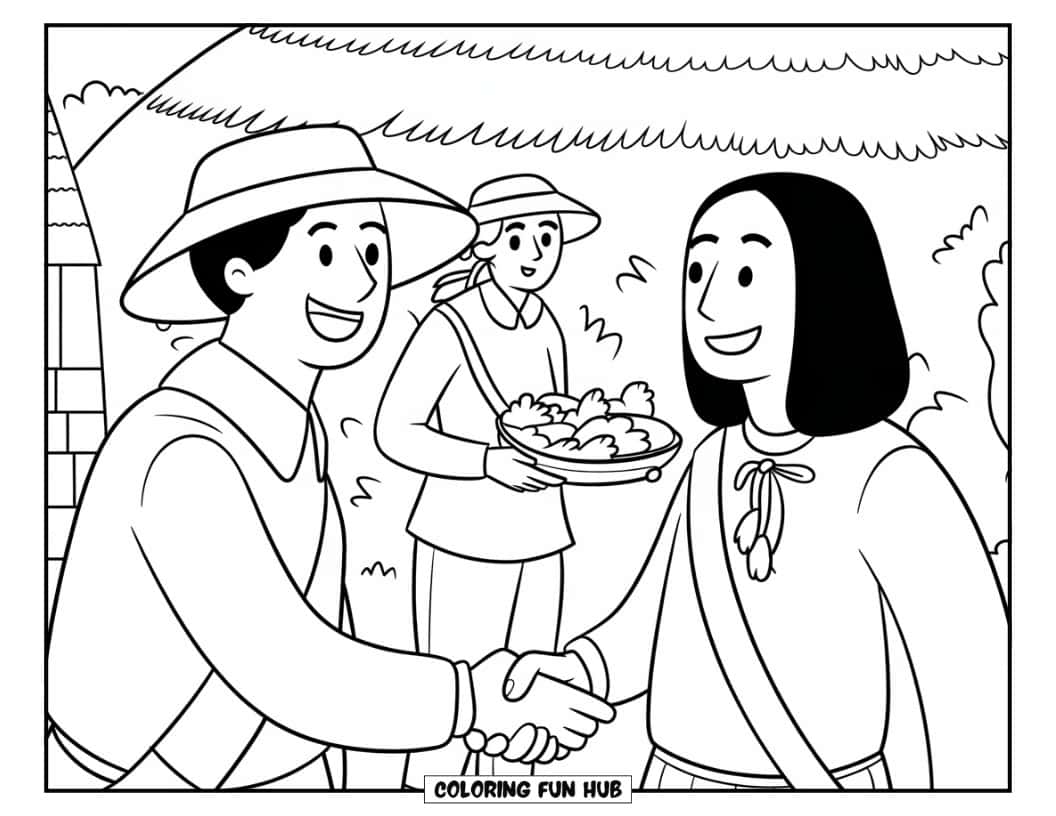 Thanksgiving Kleurplaat voor Kinderen: Een vereenvoudigde scène van Pilgrims en Native Americans