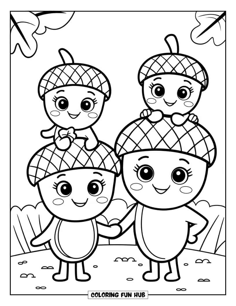 Thanksgiving Kleurplaat voor Kinderen: Een lachende eikelfamilie