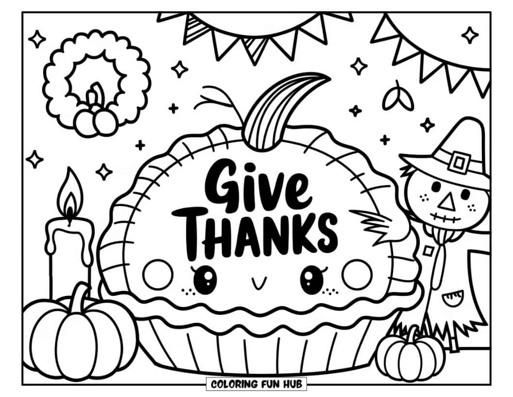 Thanksgiving Kleurplaat voor Kinderen: Een lachende taart omringd door feestelijke elementen zoals een pompoen, een kaars en een vogelverschrikker