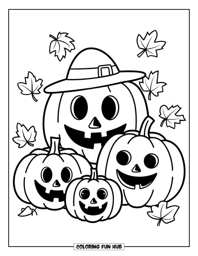 Thanksgiving Kleurplaat voor Kinderen: Een lachende pompoenfamilie