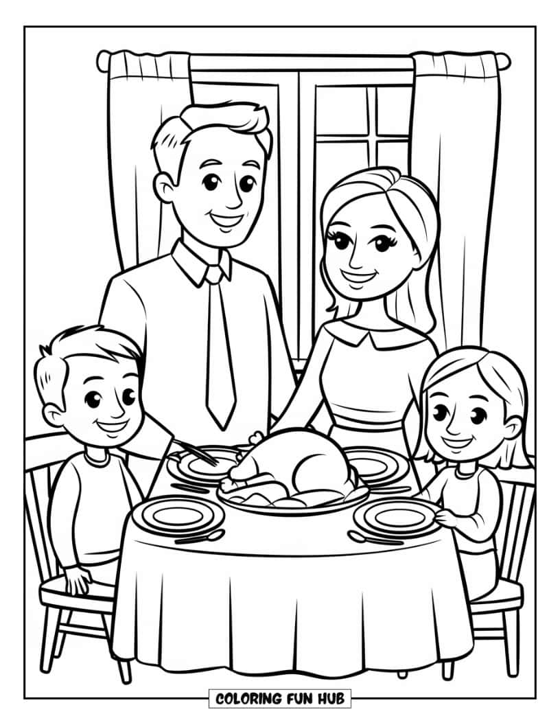 Thanksgiving Kleurplaat voor Kinderen: Een Thanksgiving-diner met een gelukkige familie