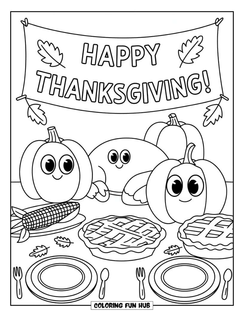 Thanksgiving Kleurplaat voor Kinderen: Een Thanksgiving-tafel met een 'Happy Thanksgiving'-banner erboven