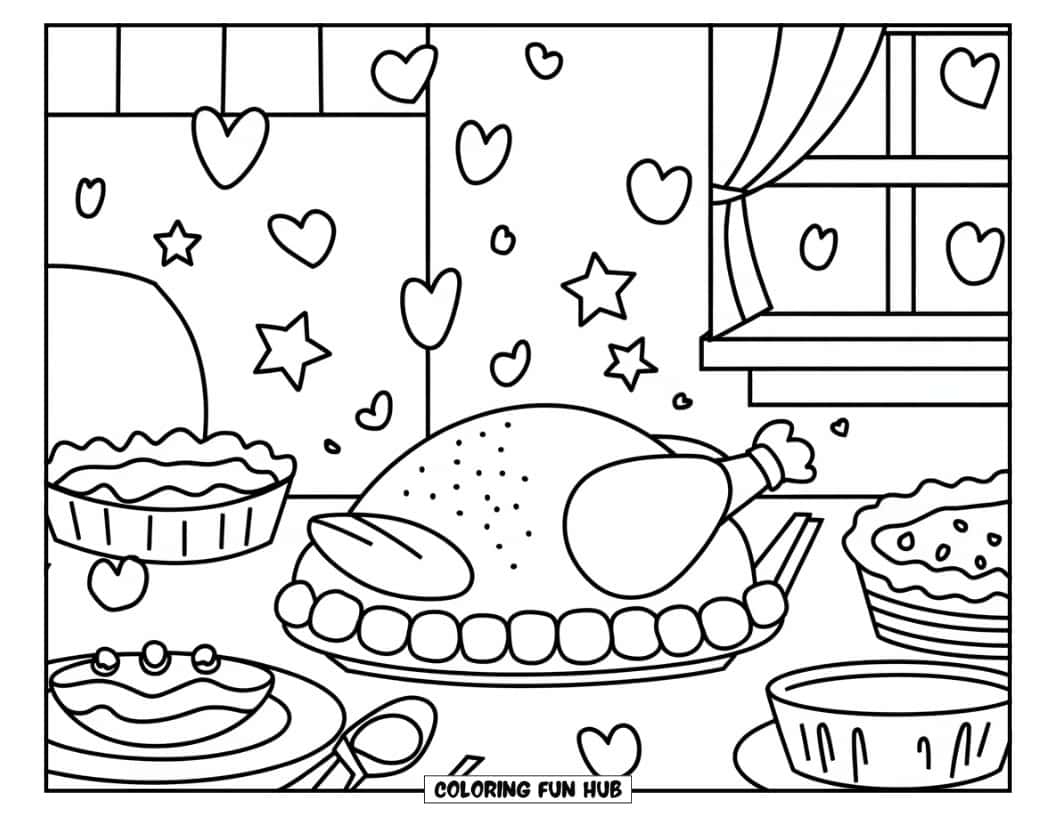 Thanksgiving Kleurplaat voor Kinderen: Een Thanksgiving-tafel met een kalkoen, pompoentaart en andere gerechten