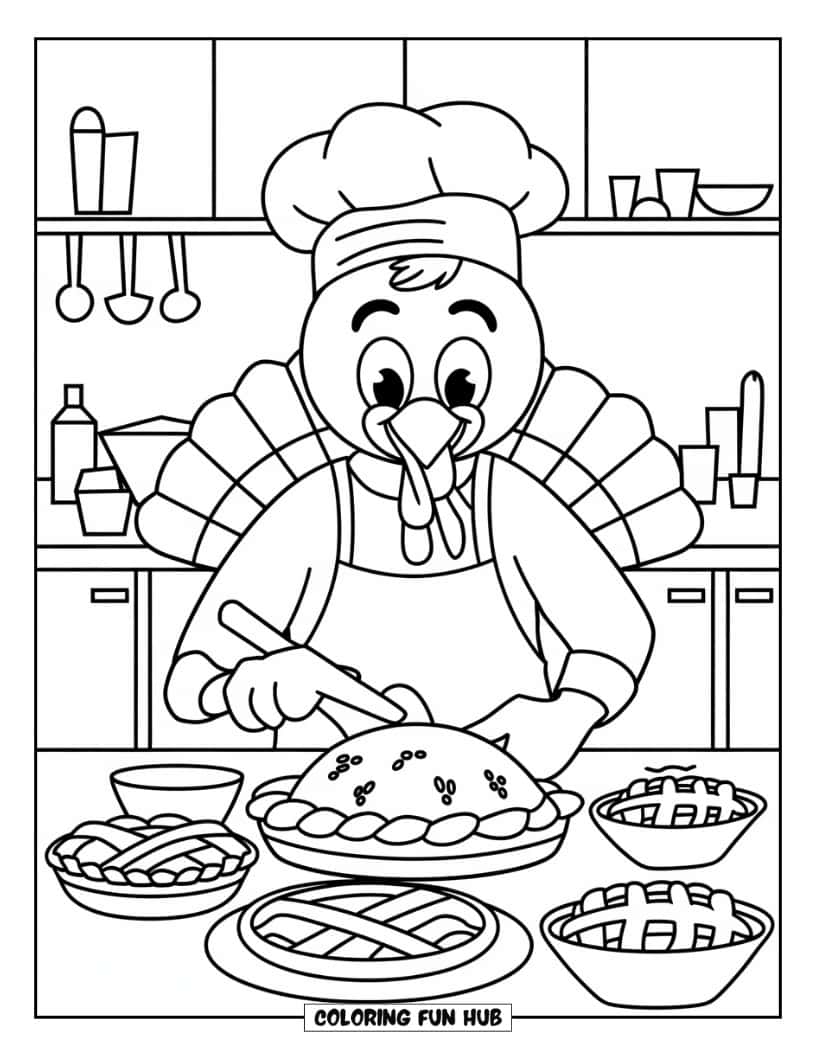 Thanksgiving Kleurplaat voor Kinderen: Een kalkoenkok die een Thanksgiving-feest bereidt