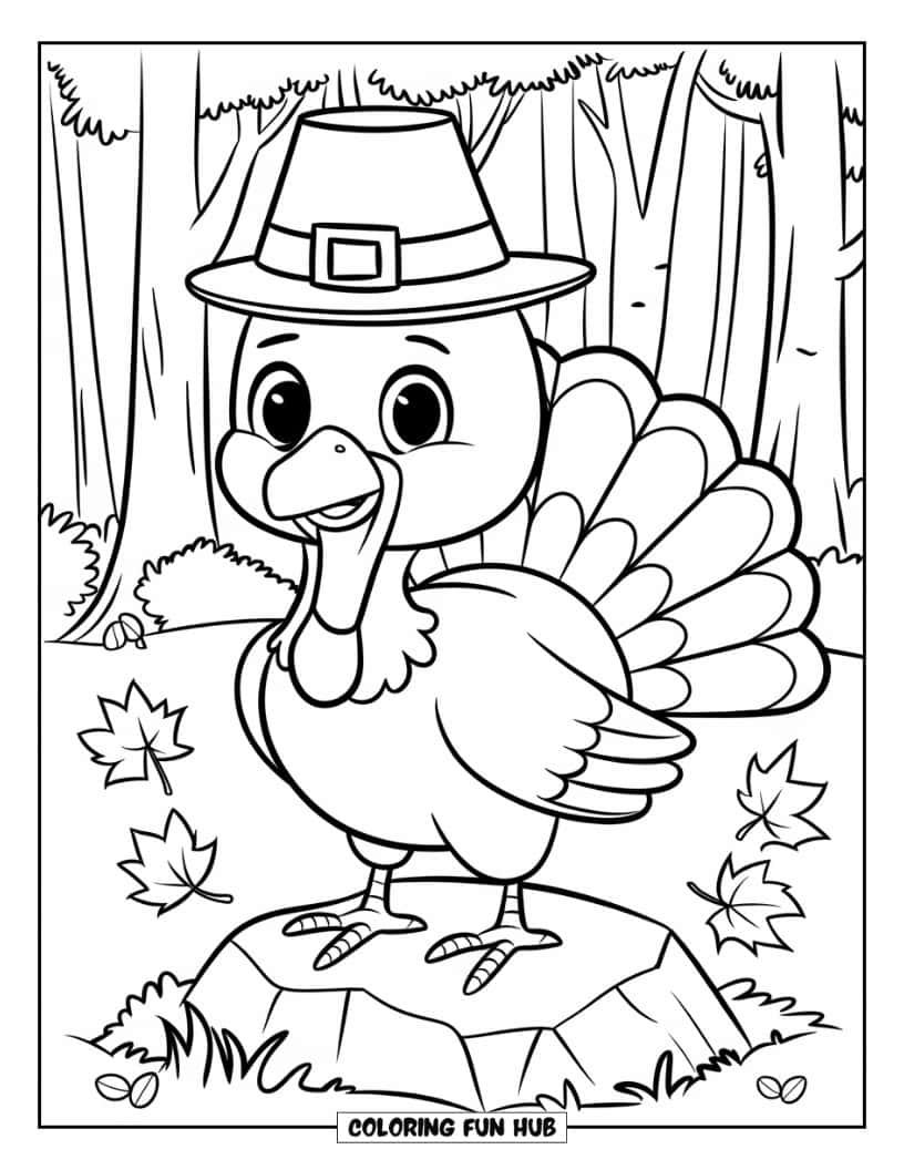 Thanksgiving Kleurplaat voor Kinderen: Een kalkoen met een schattig klein Pilgrim-hoedje