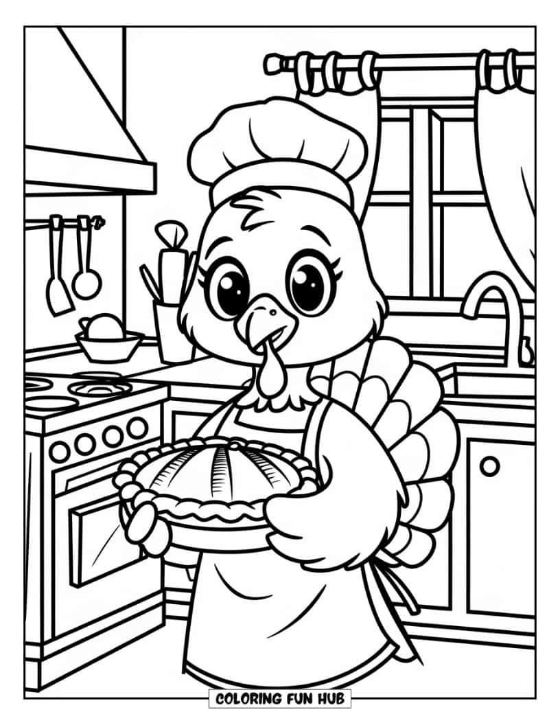 Thanksgiving Kleurplaat voor Kinderen: Een kalkoen met een schort en een koksmuts met een taart