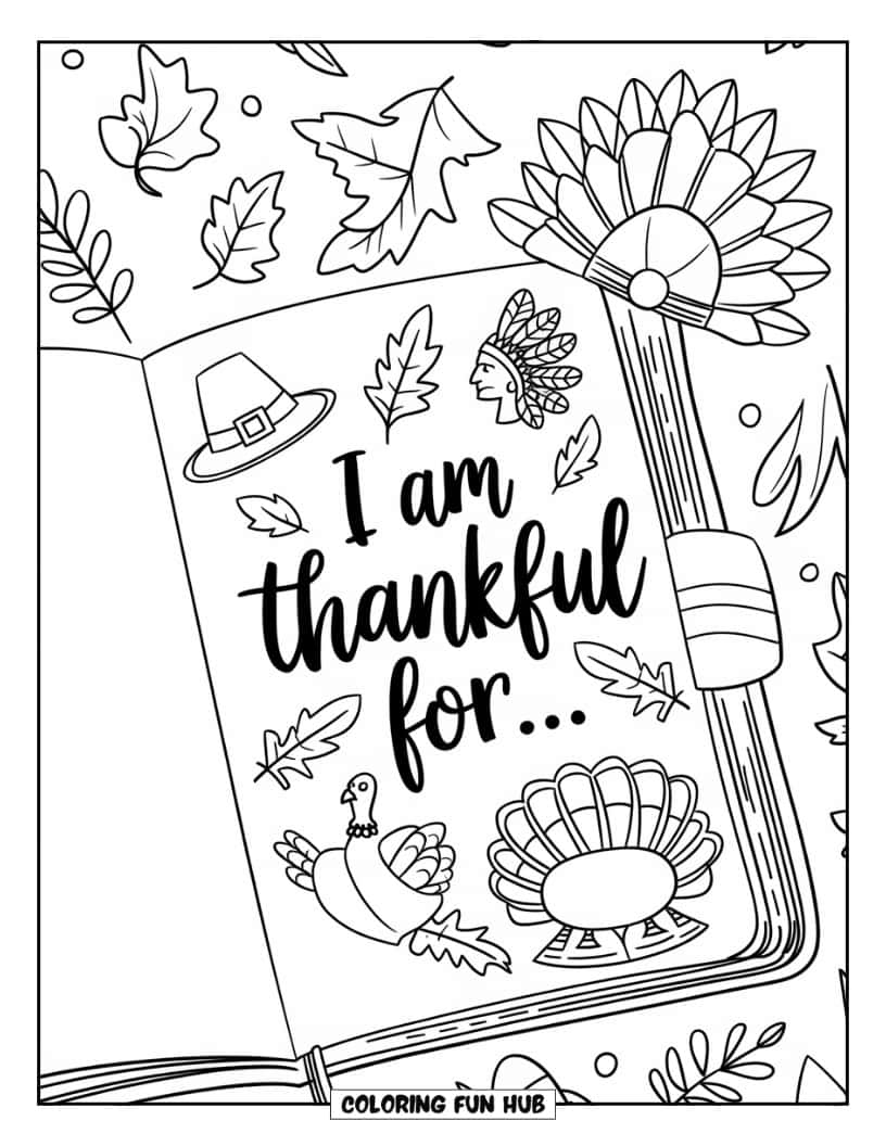 Thanksgiving Kleurplaat voor Kinderen: Een open dagboek met de tekst 'Ik ben dankbaar voor…'