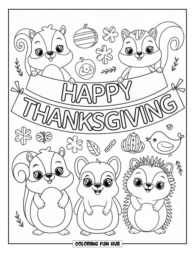 Thanksgiving Kleurplaat voor Kinderen: Dieren met een Thanksgiving-banner hebben een grote glimlach op hun gezicht