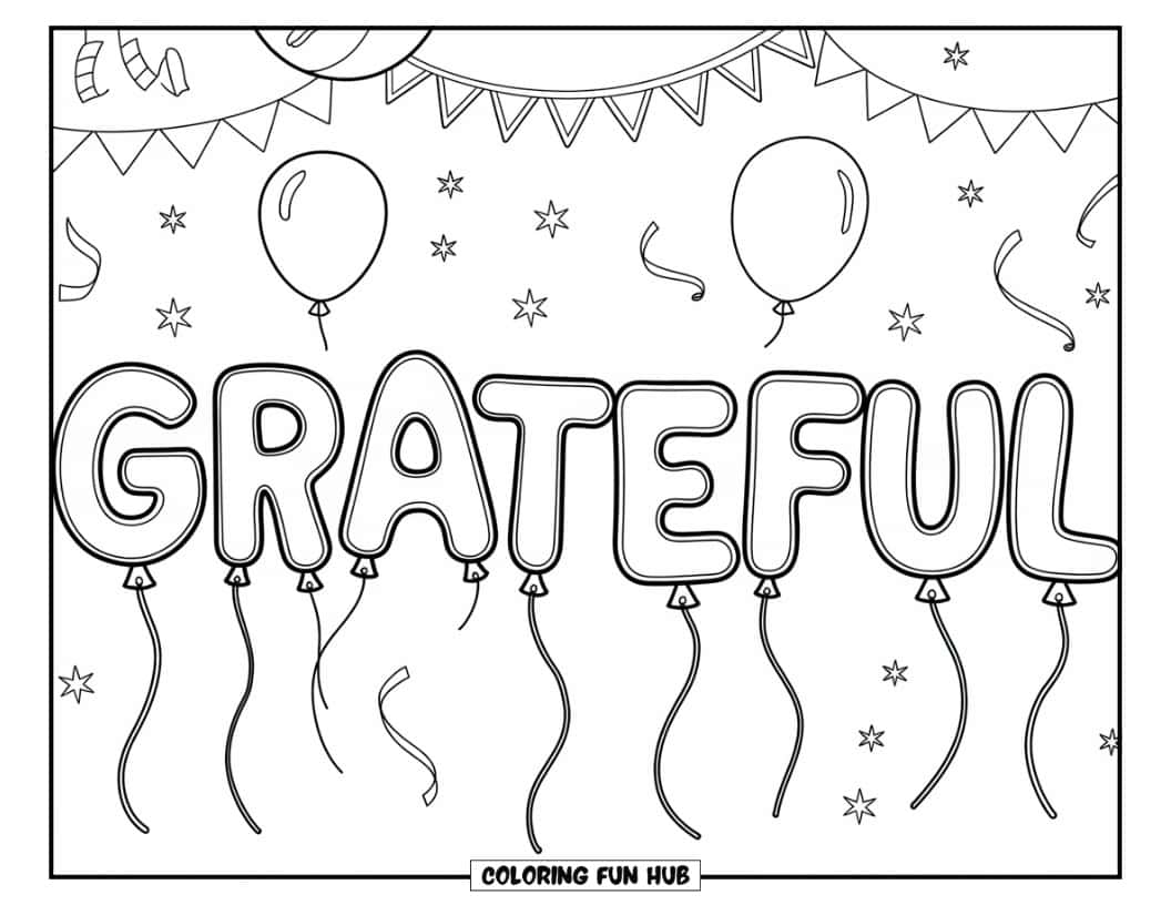 Thanksgiving Kleurplaat voor Kinderen: Ballonvormige letters 'dankbaar' met een feestelijke achtergrond
