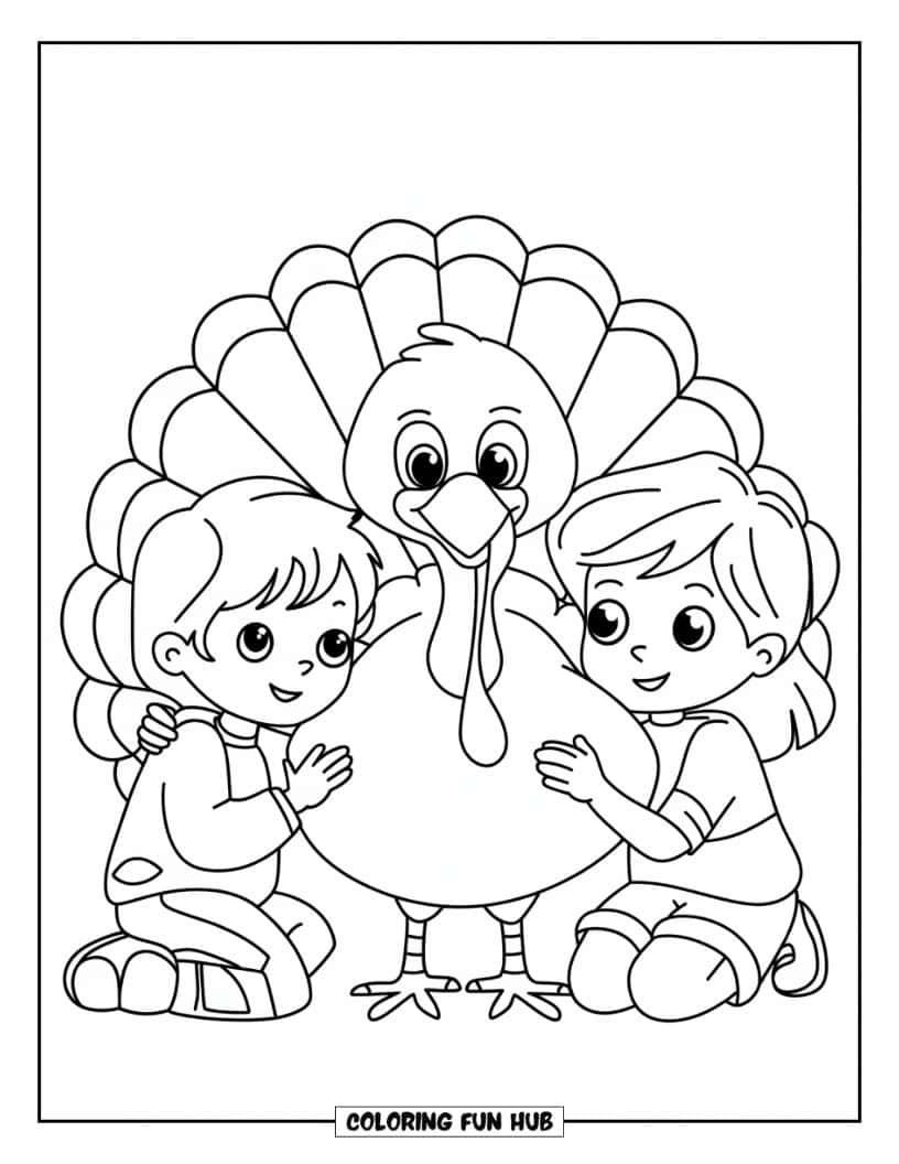 Thanksgiving Kleurplaat voor Kinderen: Kinderen die knuffelen met een vriendelijke kalkoen