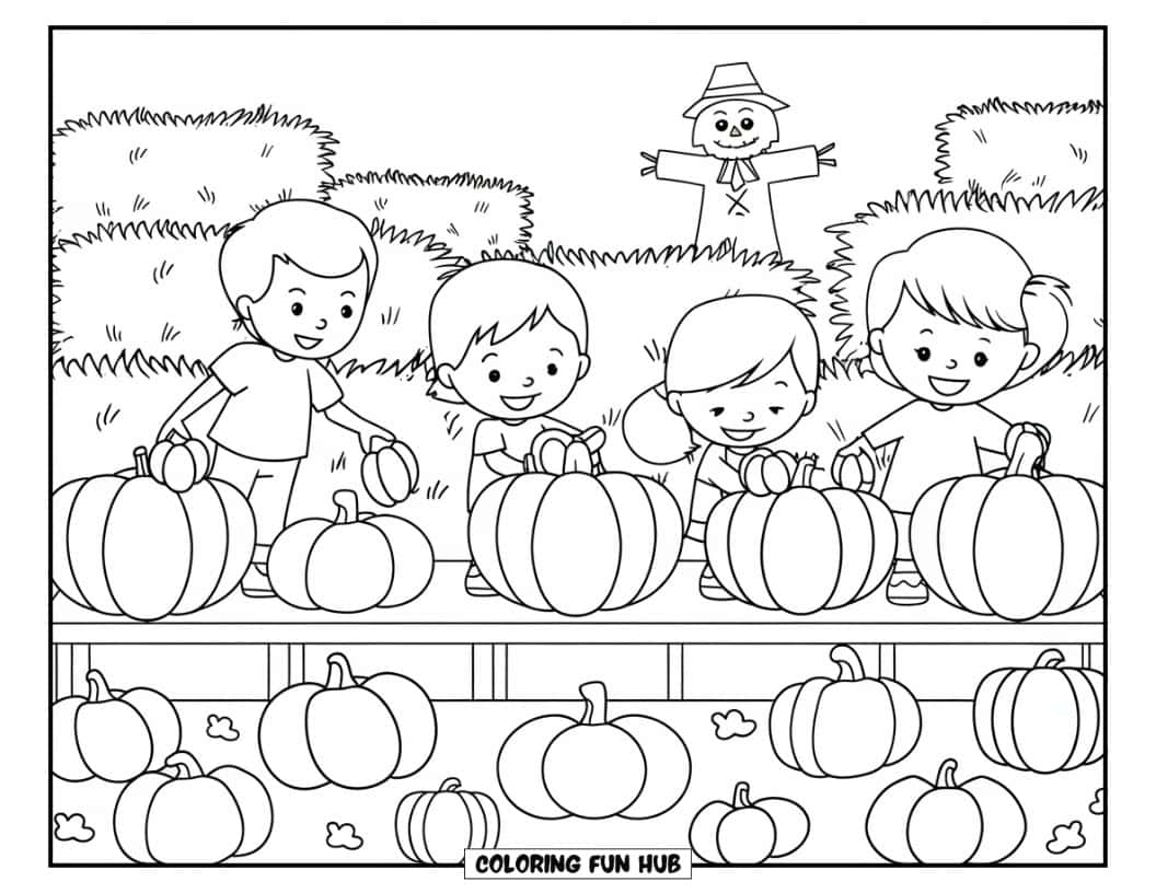 Thanksgiving Kleurplaat voor Kinderen: Kinderen die pompoenen uitkiezen in een pompoenveld