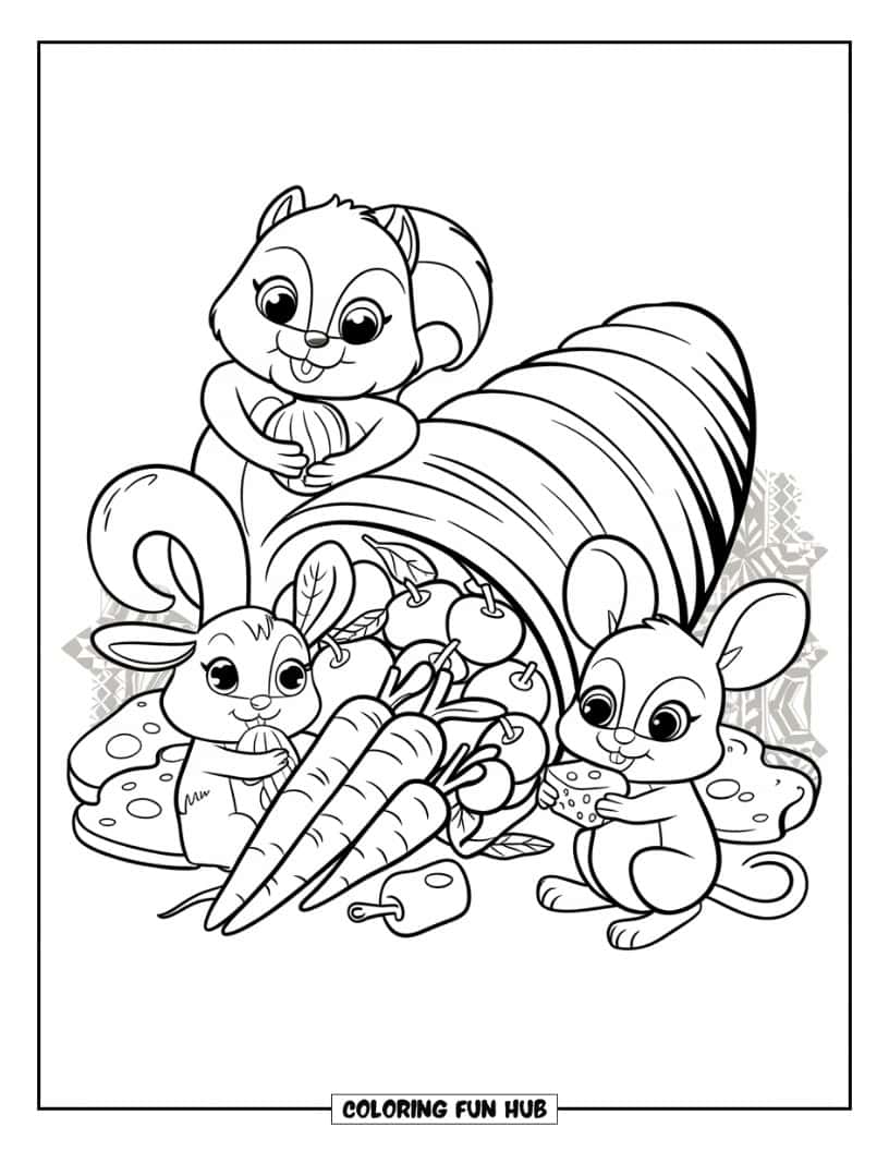 Thanksgiving Kleurplaat voor Kinderen: Schattige dieren verzamelen zich naast de hoorn des overvloeds