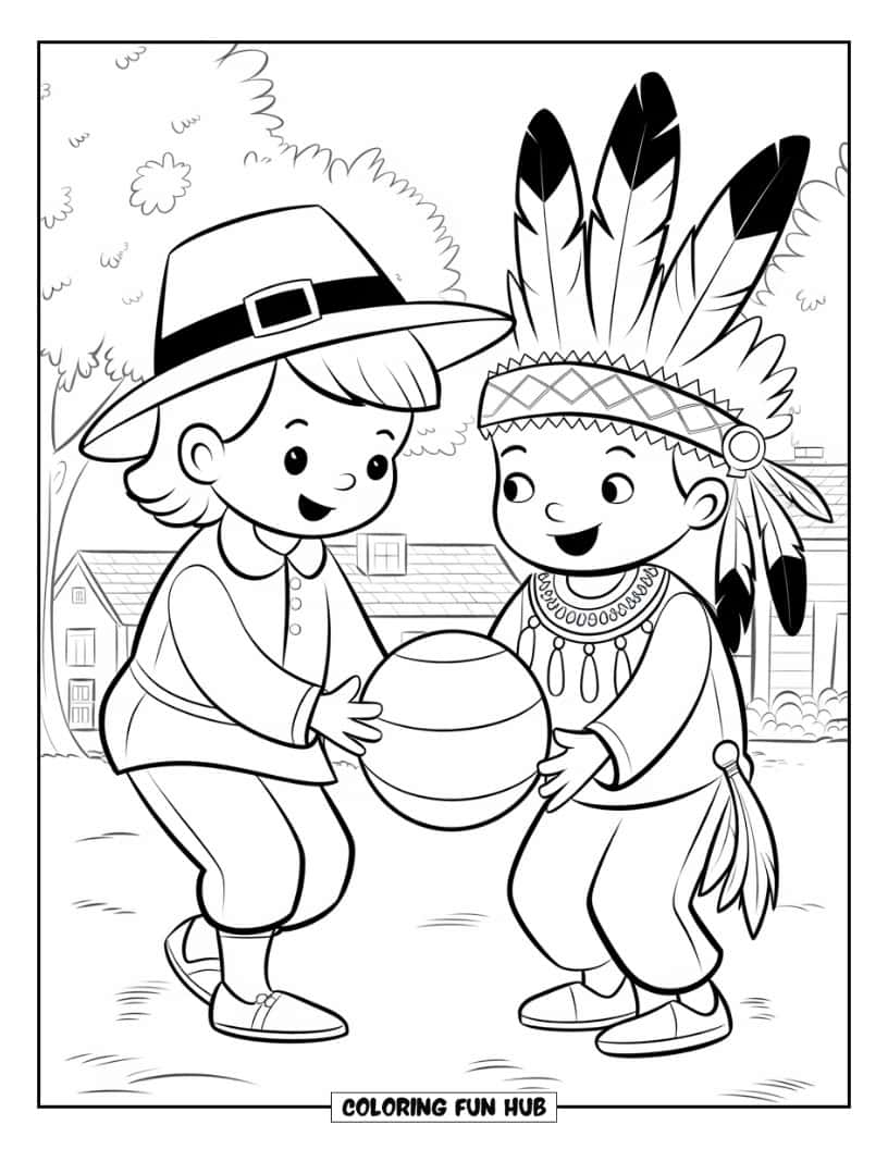 Thanksgiving Kleurplaat voor Kinderen: Schattige kinderen die met een bal spelen