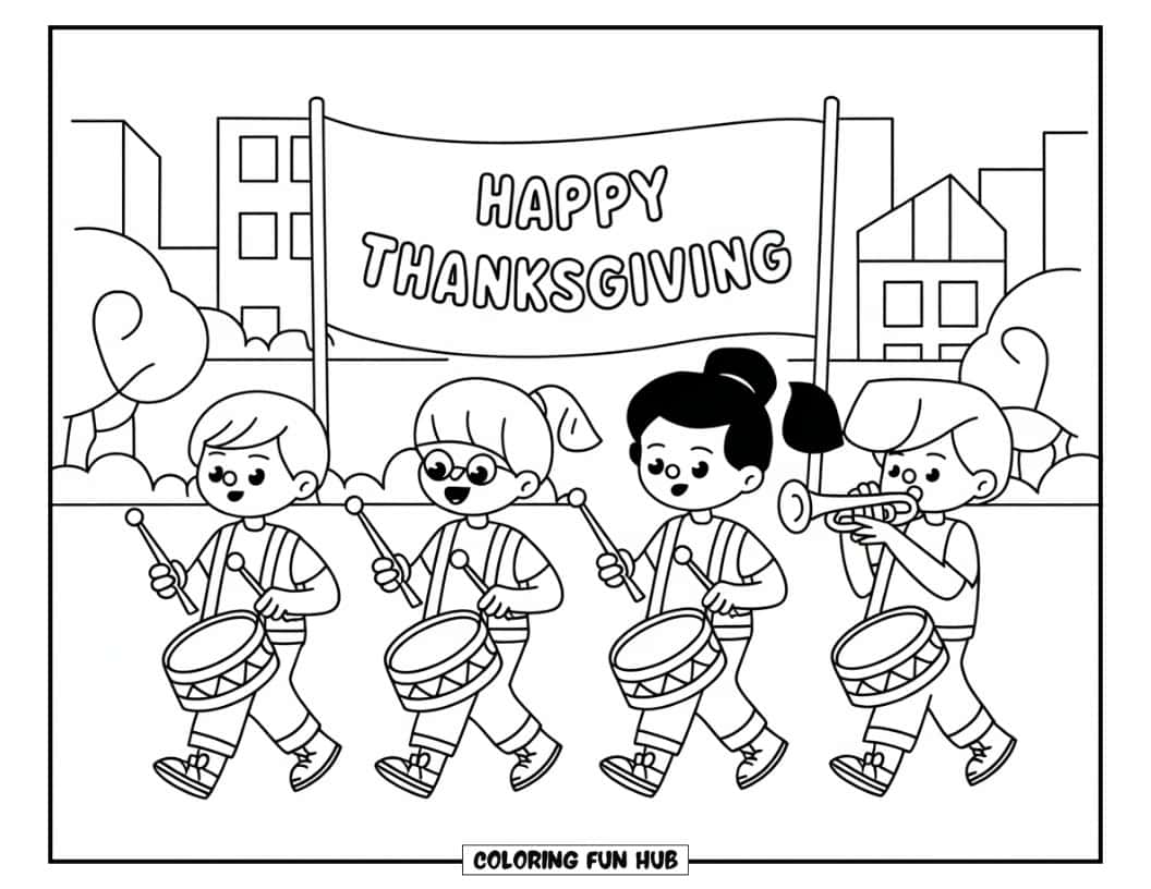 Thanksgiving Kleurplaat voor Kinderen: Schattige kinderen die instrumenten bespelen in een Thanksgiving-parade