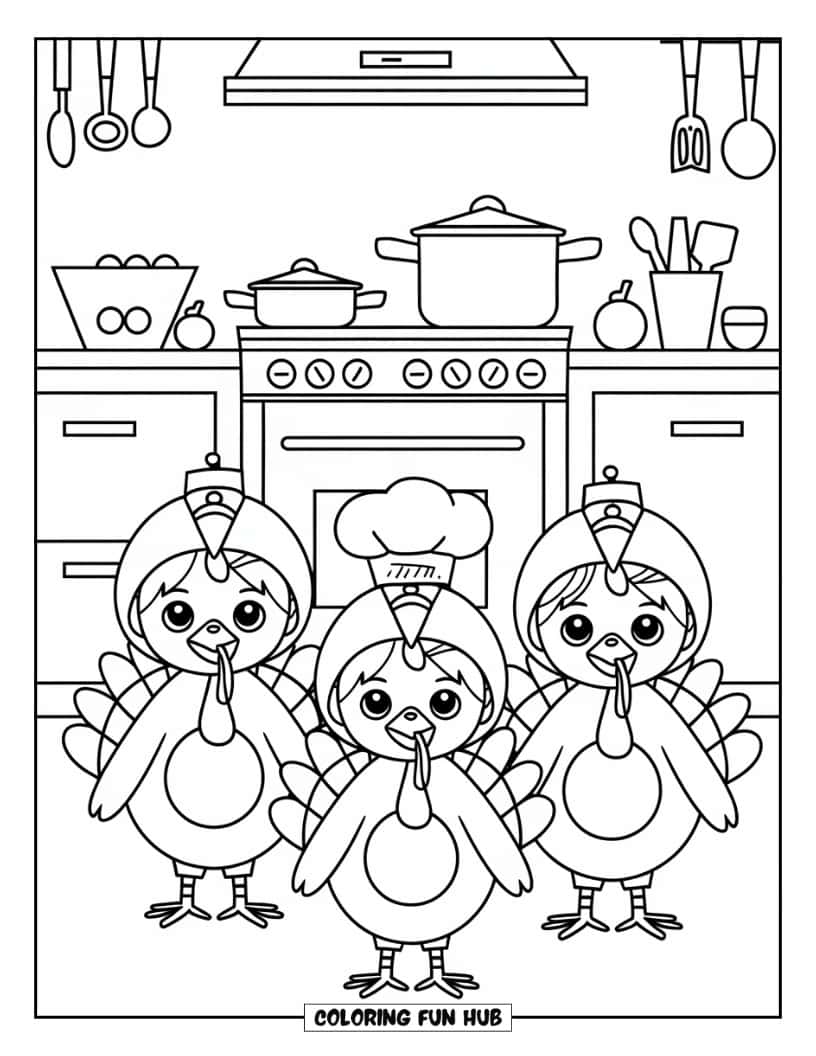 Thanksgiving Kleurplaat voor Kinderen: Schattige kinderen die kalkoenkostuums dragen in een keuken