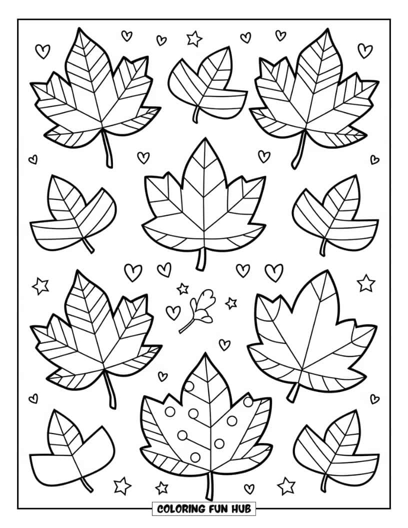Thanksgiving Kleurplaat voor Kinderen: Schattige esdoornbladeren met verschillende patronen