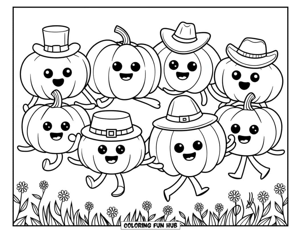 Thanksgiving Kleurplaat voor Kinderen: Schattige pompoenen en kalebassen die vrolijk dansen