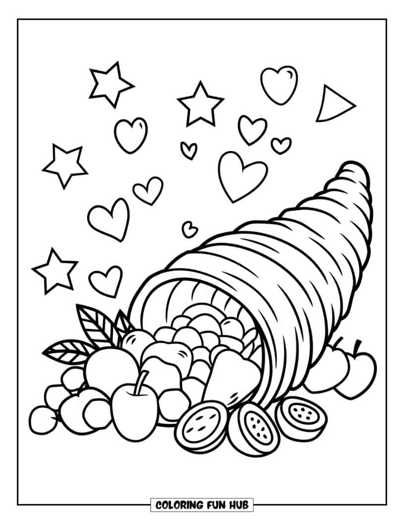 Thanksgiving Kleurplaat voor Kinderen: Schattige sterren en harten die rond de hoorn des overvloeds zweven