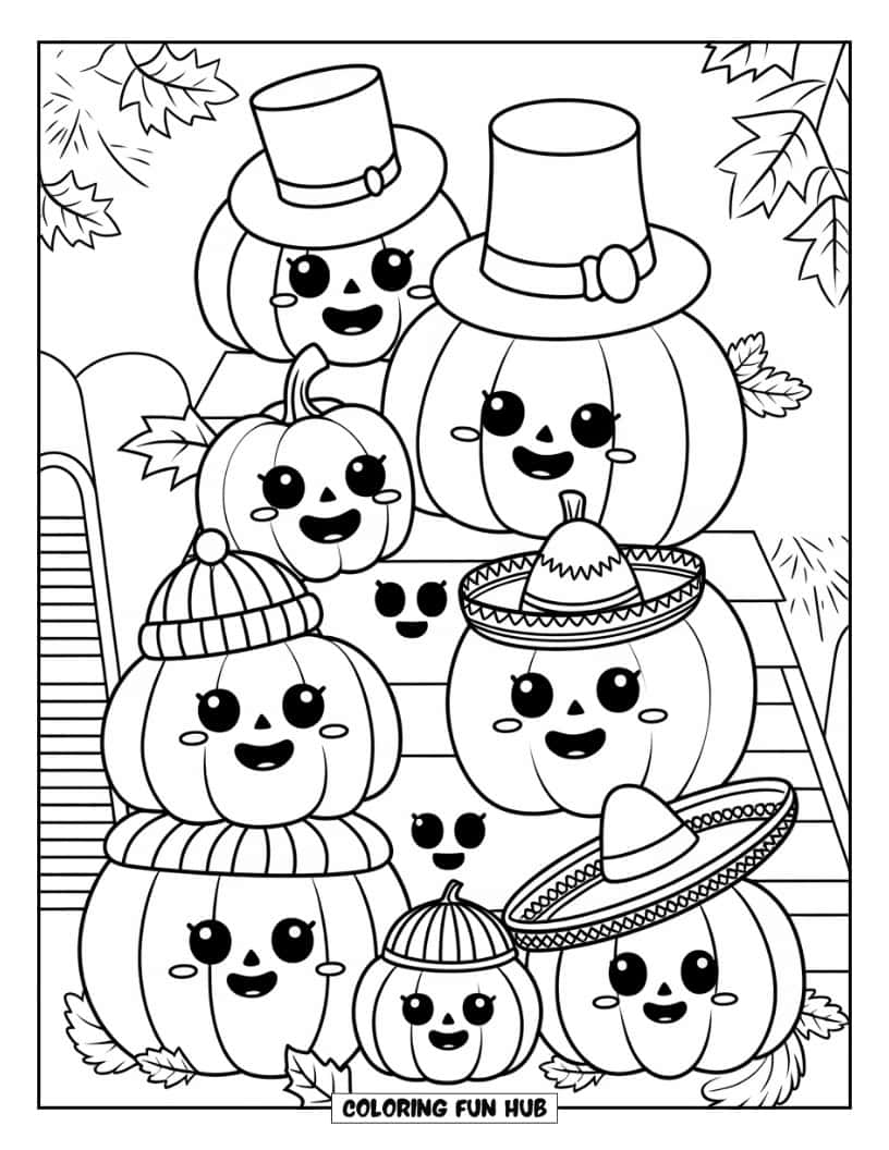 Thanksgiving Kleurplaat voor Kinderen: Vrolijke en schattige kleine pompoenen op elkaar gestapeld