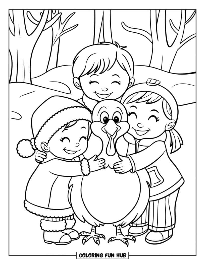 Thanksgiving Kleurplaat voor Kinderen: Gelukkige kinderen die een schattige kalkoen knuffelen