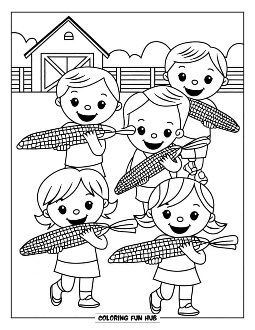 Thanksgiving Kleurplaat voor Kinderen: Gelukkige kinderen die grote maiskolven dragen