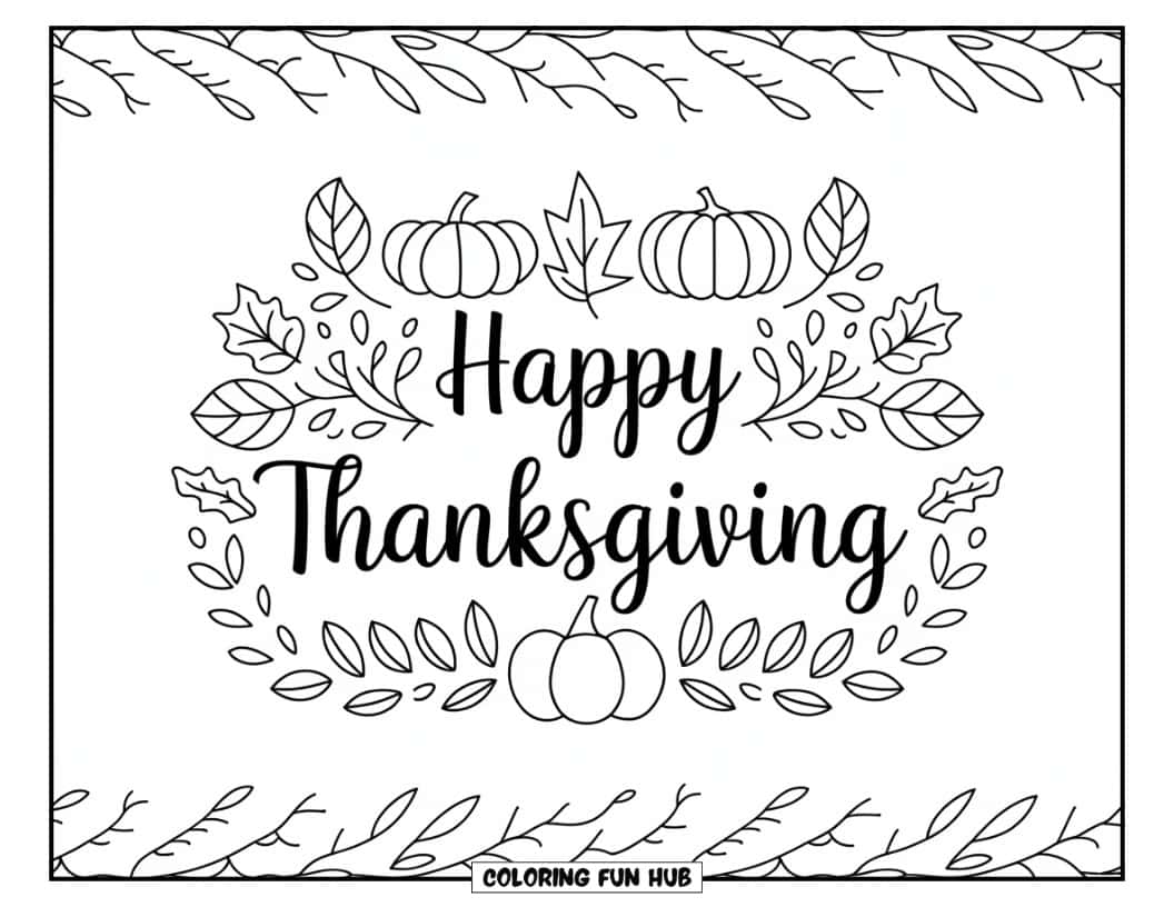 Thanksgiving Kleurplaat voor Kinderen: 'Happy Thanksgiving' met een eenvoudig patroon van verstrengelde takken