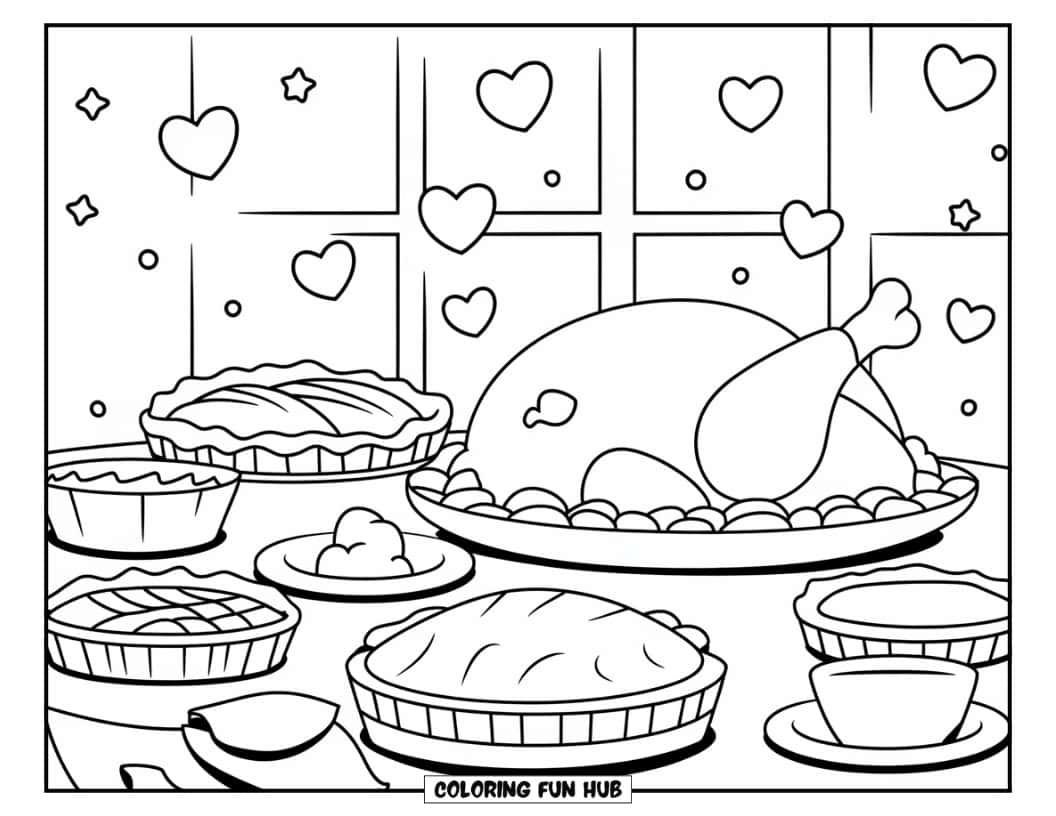 Thanksgiving Kleurplaat voor Kinderen: Harten en sterren die rond een tafel met een Thanksgiving-maaltijd zweven