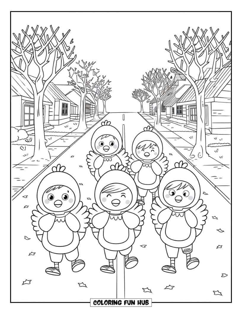 Thanksgiving Kleurplaat voor Kinderen: Kinderen in kalkoenkostuums die door een straat lopen